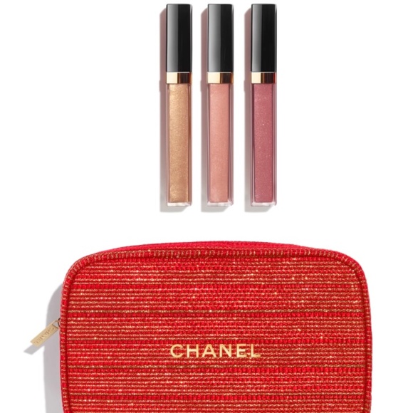 CHANEL 2022 LIMITED HOLIDAY RED COSMETIC BAG TRIPLE LIPGLOSS GIFT SET